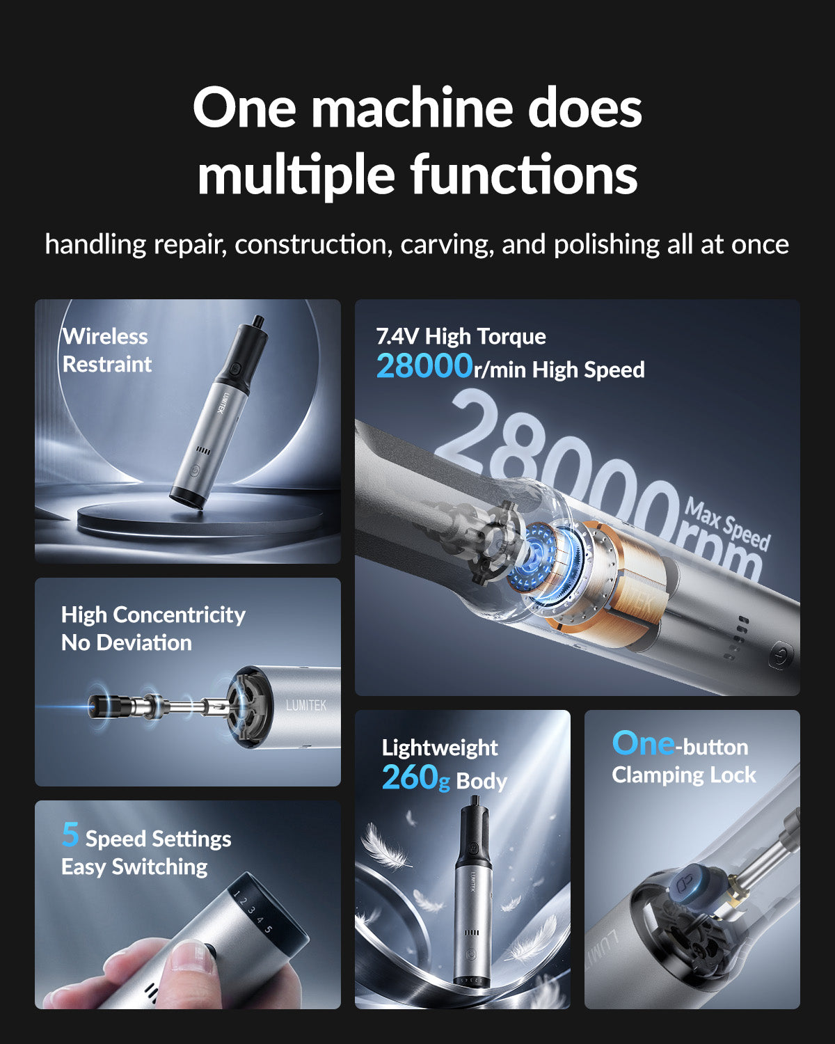 LUMITEK Engraving Pen, 67-in-1 Tool Kit, Mini Cordless Rotary Tool, 5 Speed, 28000 RPM, Cordless Engraver for Metal Wood Leather Glass Plastic, for 3D Printer Polishing, Drilling, Sanding, DIY Crafts